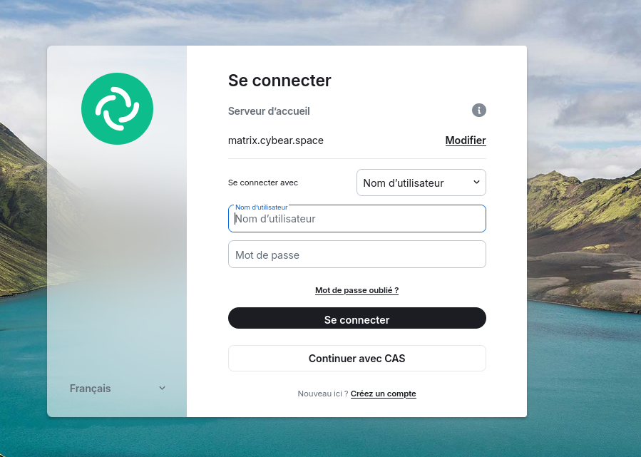écran de connexion d'element web